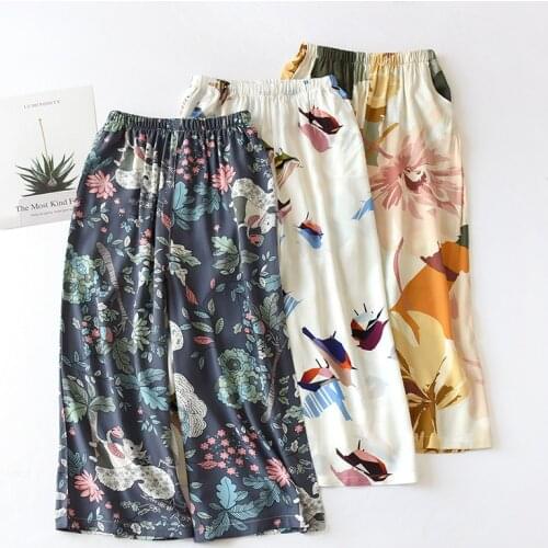 Women Summer Pajama Sleep Wear Printing Night Pants Sleep Wear for Women Calf-Length Pants Cotton Lounge Sleep Bottoms