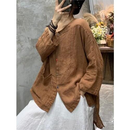 Large size Women Shirt 2021 Summer New Cardigan Button Retro Blouse Tops Ladies New Embroidery Loose Casual Shirt