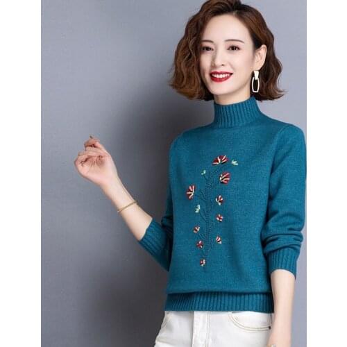 Embroidered Flowers Turtleneck Women Sweaters Plus Size Fall Winter Thick Warm Pullover Slim Tops Ribbed Knitted Sweater Jumper