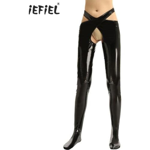 Womens Latex Pants Patent Leather Trousers Crotchless Open Crotch Butt Exotic Pants Sexy Ladies Sissy Lingerie Costumes Clubwear
