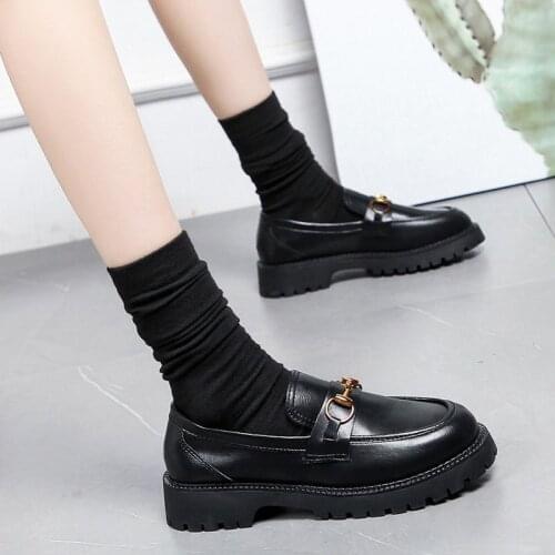 Ladies Loafers British Style Thick Bottom Plus Velvet Retro Round Toe Small Leather Shoes Ladies Flat Shoes Single Shoes Zapatos