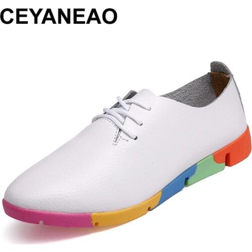 CEYANEAO Women oxford shoes ballerina Flats genuine leather pointed toe Lace up moccasins Ladies casual shoes Female