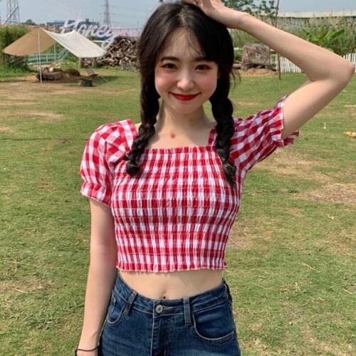 Women Vintage Shirts Crop Tops Plaid Printed Ruffles Square Collar Retro Palace Slim Stylish Pleated Ulzzang Streetwear Casual