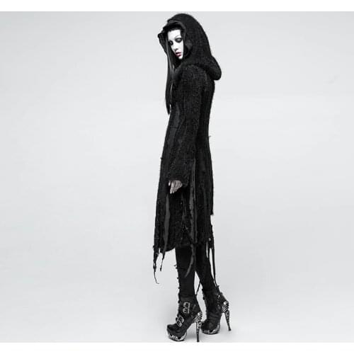 PUNK RAVE Gothic vampire Performance Women Black Long Trench Coat Asymmetric Hole Knit Irregular Halloween Witch Outwear Coat