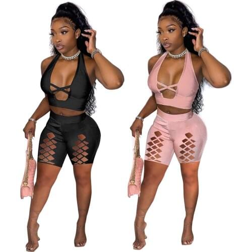 Sexy Hollow out Shorts Sets 2 Piece Club Outfit Women Backless Deep V Neck Halter Crop Top + Biker Shorts 2021 Summer Clubwear