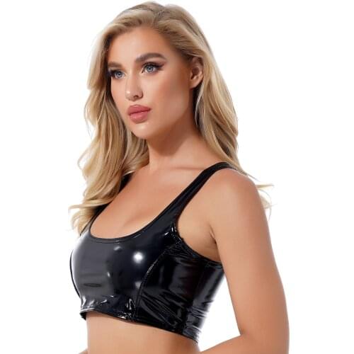 Womens Wet Look Patent Leather Cropped Vest Tank Tops Wide Shoulder Straps U Neck Zipper Back Slim Crop Top Party Bar Clubwear