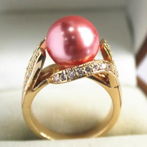 Ladys new jewelry 18KGP with crystal decorated &12mm pink shell pearl ring(#7.8.9)