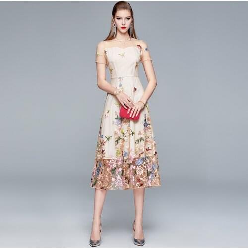SMTHMA New Summer Embroidery Party Dress Women Short sleeve Flower Embroidered Slim Waist Vintage Mesh Runway Dresses