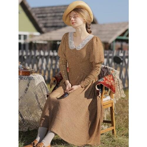 Spring Autumn Dress Women Vintage Victoria Elegant Slim Puff Sleeve Embroidery Long Dress Glittering Gold Thread Knitted Dress