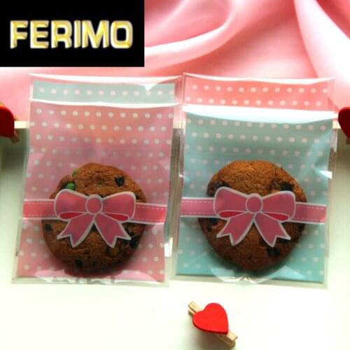 100pcs Lace Bowknot Printed Pink and Blue Small Cookies Biscuits Bags Self-adhesive Wedding Cellophane Bag Cake Candy Gift Bags