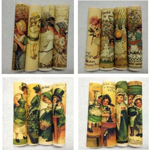 4pcs 13.5x8cm Digital Printing Lovely Dressing Girls & Green Dressing Kids Family Printed Cotton Linen Fabric vintage DIY Zakka