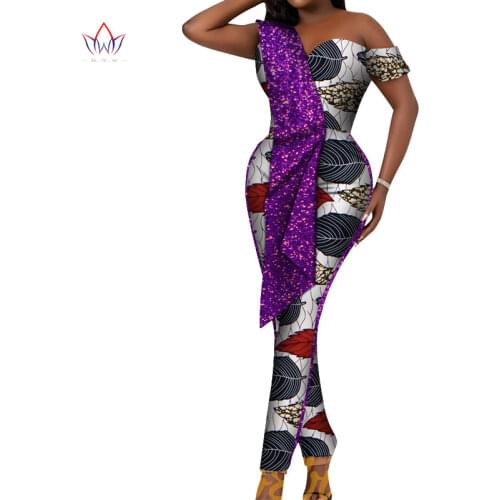 African Women Print Jumpsuit Bazin Riche Traditional African Clothing V Neck Off Shoulder Women Romper Jumpsuit Pant WY6458