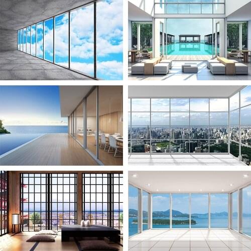 Avezano Modern City Office View Room Blue Sky Cloudy French Window Sunny Scene Photography Background Photo Backdrop Photostudio
