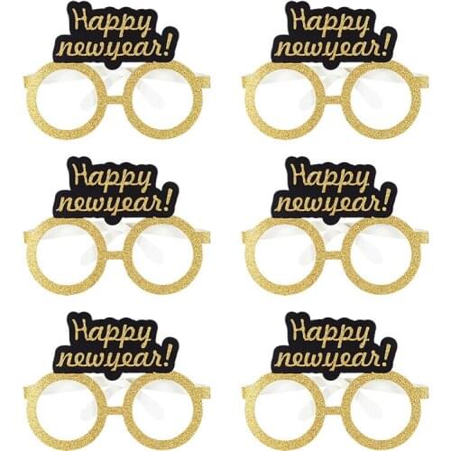 6Pcs Happy New Year Glasses Black Gold Glitter Glasses Frame Photo Prop For Christmas New Year Eve Festive Party Decor 2022 Noel