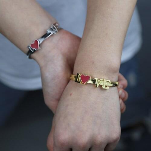 High Quality Gold Color Flat Snake Chain Adjust Bracelets For Women Red Enamel Colorful Heart Letter Herringbone Chain Jewelry