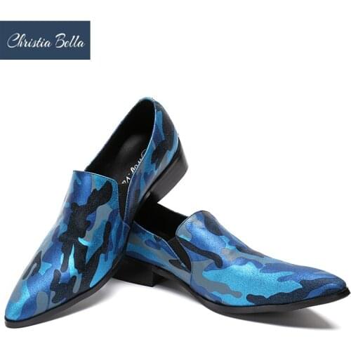 Christia Bella Camouflage Pattern Party Men Shoes Fashion Pointed Toe Genuine Leather Shoes Plus Size Casual Business Shoes