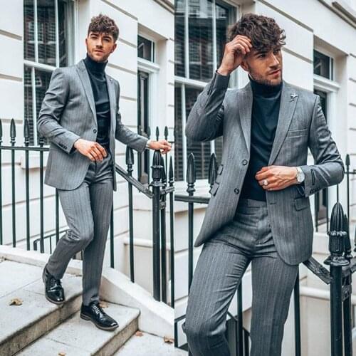 Two Pieces Grey Tweed Groom Tuxedos Notch Lapel 2 Button Men Wedding Tuxedos Men Dinner Party Suit(Jacket+Pants)