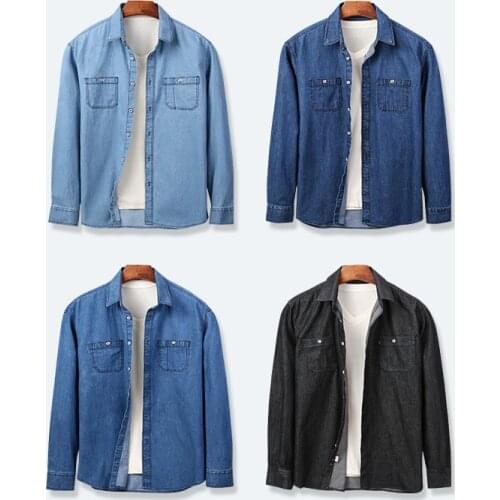 Jeans Shirts Men 4 Color Big Size Cotton Long Sleeve Button Front Pocket Casual Streetwear Slim Fit Work Dress Spring Autumn