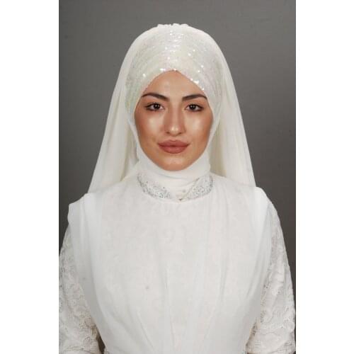 Female Ecru Color Front Sequined Shirred Bridal Veil Ready Turban