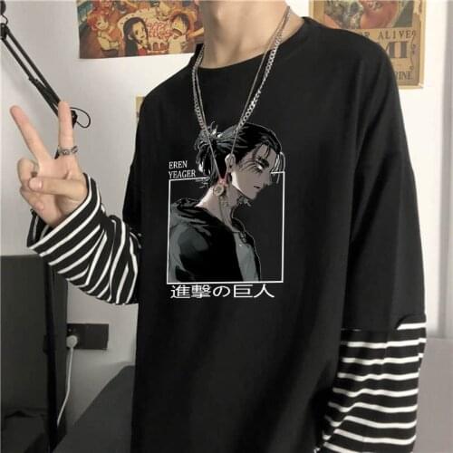 Hot Anime Attack On Titan Eren Jäger T Shirts Men Funny Cartoon Summer Tops Harajuku Fashion Fake Two Pieces Long Sleeve T-shirt
