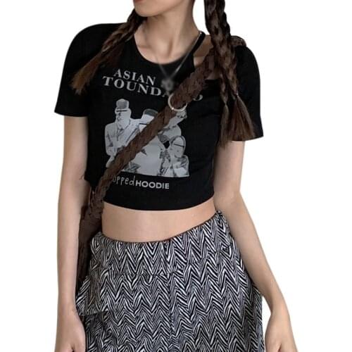 T Shirts for Women Korean Fashion Print Hollow Out Casual Summer Slim Exposed Navel Short Sleeve Tops
