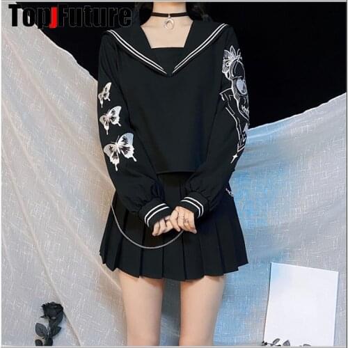 Gothic Lolita cosplay costume Japanese sailor suit Japanese college JK Butterfly Embroidery bad girl black pleated skirt chain