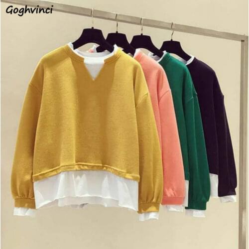 Plus Size 3XL No Hat Hoodies Women Solid Korean Fake 2 Pieces Patchwork Simple Sweatshirts O-neck Elegant Ladies Streetwear Chic