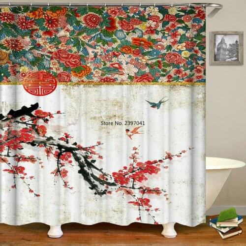 Chinese Ink Painting Flower Fish Shower Curtain Bath Curtains Waterproof Bathroom With Hooks 3d Printing Decoration Bath Curtain