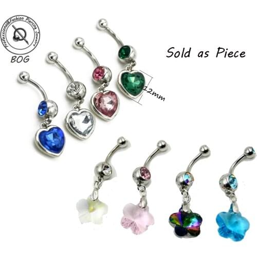 1Pcs 316L Surgical Steel Belly Button Navel Piercing Ring With AB Crystal Ray Prism Flower Heart Dangle Body Jewelry