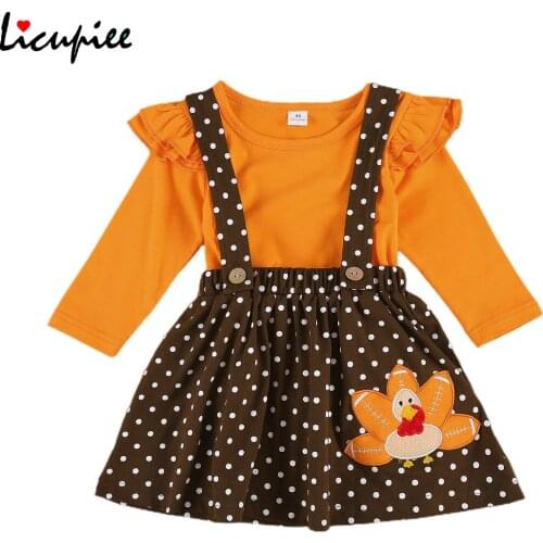 Baby Girls Clothes Set, Toddler Long Sleeve O-neck Tops with Ruffle + Polka Dot Suspender Skirt Winter Fall 1-6 Years
