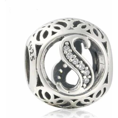 Summer 925-Sterling-Silver Vintage Alphabet Cubic Zirconia Letter S Openwork Charms Beads Fits Pandora bracelets jewelry