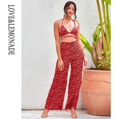 LOVE&LEMONADE Sexy Red Vintage Print Two-Pieces Fit High Waist Straight Set LM83569