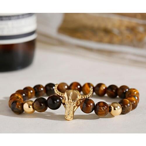 Punk Fashion Mens Bracelet Natural Stone Beaded Hand Knitted Bracelet Alloy Bull Head Shaped Decorative Spacer Bead Bracelet