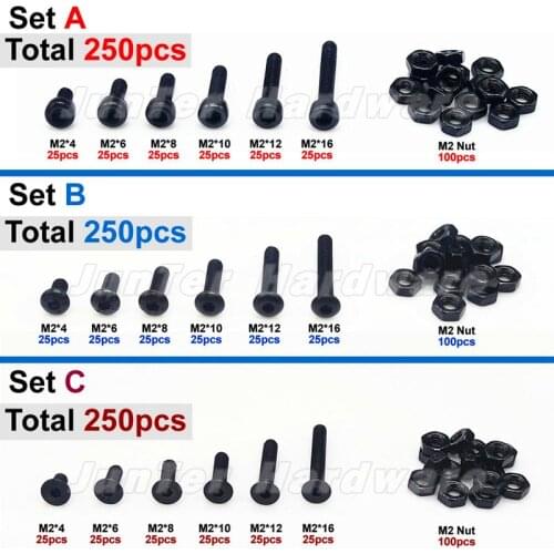 High-quality 250pcs M2(2mm) Alloy Steel High Tensile Allen Bolts Hex Button Flat Socket Head Cap Screws Nuts Set combination