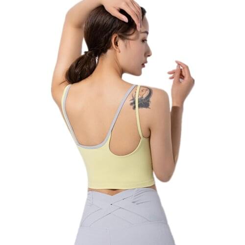 2021 Summer New Color Matching Yoga Vest Female Asymmetrical Shoulder Strap Gym Short Style Fitness Training Bra Sexy Camisole