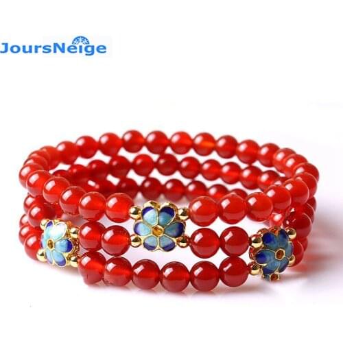 Wholesale Red Pink Natural Crystal Bracelets 6mm Beads with Roasted blue Flower for Women Crysta Three laps Bracelet Jewelry