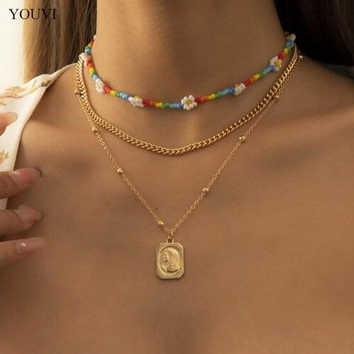 YOUVI Colorful Beaded Daisy Flower Chains Necklace Vintage Virgin Mary Craved Coin Pendant Necklaces Female Choker Jewelry Charm