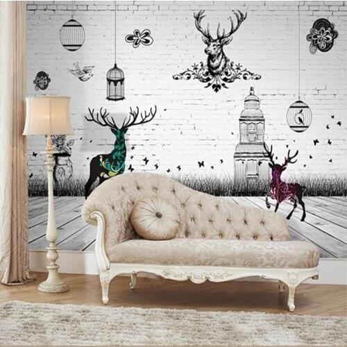 Custom 3D Photo Murals Hand Painted Cartoon Elk Deer White Brick Wallpaper Kids Bedroom Living Room Kitchen Backdrop Wall Decor