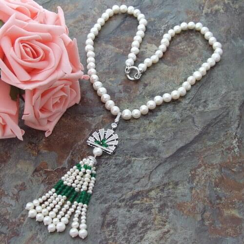 Romantic 24" White Round Freshwater Pearl Green Round Jade Necklace Zircon Pendant