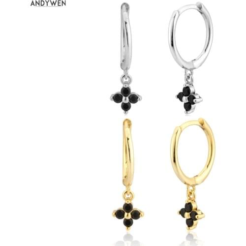 ANDYWEN 925 Sterling Silver Gold Black Four Zircon Pendiente Piercing Rock Punk Drop Earring Ohrringe Women Fashion Jewelry