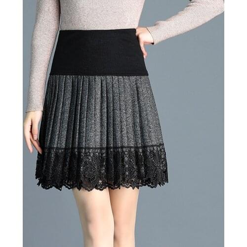 Stitching Pleated Skirt Autumn and Winter Lace Skirt Elastic High Waist Skirt Womens Middle Skirt Woolen Skirt Harajuku Skirt