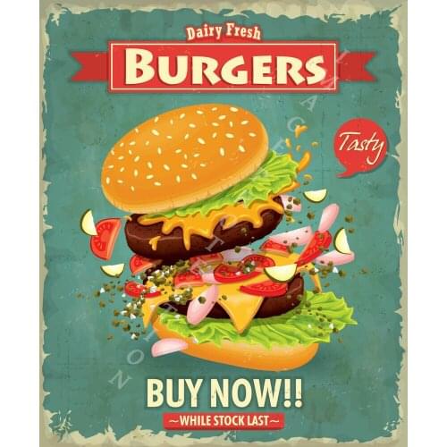 FRESH TASTY BURGERS METAL TIN SIGN POSTER WALL PLAQUE