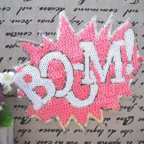 Embroidered iron on patches for clothes sequins deal with it clothing DIY Pink alphabet BOOM Motif Applique Free shipping