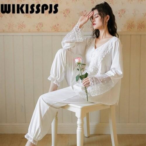 WIKISSPJS 2021NEW Retro Pants Palace Style Lace Princess Housewear Pajama Set Women Pajamas for Teen Girls Loungewear Pajamas
