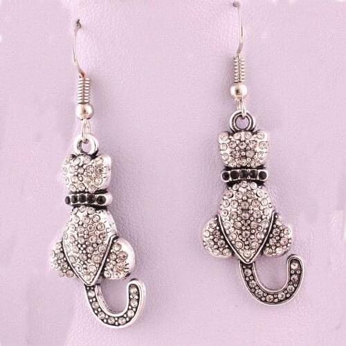 Women Earrings Fashion Jewelry Cute Design Cat Shape With Sparklling Crystals Antique Silver Zinc Material Provide Dropshipping