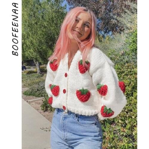 BOOFEENAA Strawberry White Knitted Sweater Button Up V Neck Long Sleeve Cardigan Coat Winter Clothes Women Cute Jackets C83-GE51