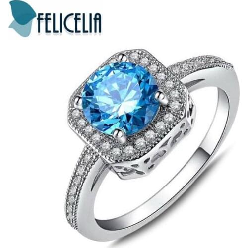 Felicelia Classic Blue Crystal Cubic Zirconia Ring For Women Silver Color Wedding Bridal Ring Romantic Jewelry, Drop-Shipping