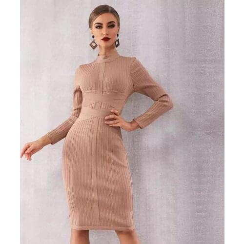 New Bodycon Women Bandage Dress Sexy Nude Long Sleeve Dress Vestidos Celebrity Evening Party Dresses