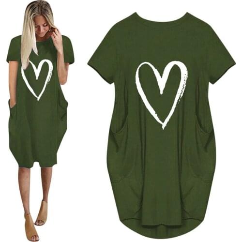 Summer Women Casual Loose Dress With Pocket Fashion O Neck Short Sleeve Love Print Long Top Female Street Oversize T-shirt Dress