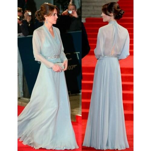 Elegant Long V-Neck Chiffon Long Sleeve Beaded Evening Dresses A-Line Floor Length Zipper Back Formal Party Dresses for Women